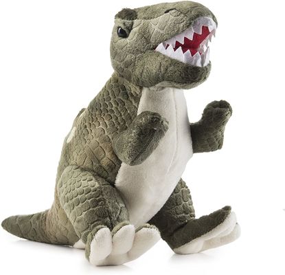 Brinquedo verde do luxuoso do tiranossauro com dentes pontiagudos um brinquedo do luxuoso do dinossauro feito do luxuoso de corte gravado